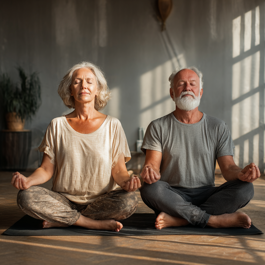 Літні люди займаються йогою в парку